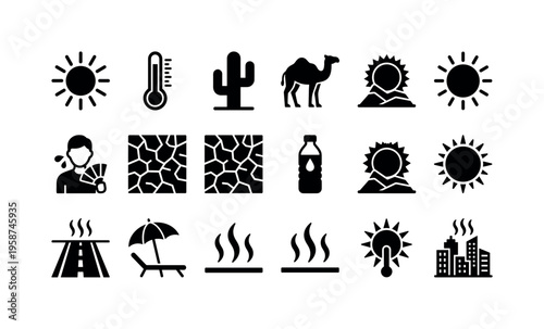 Collection of icons representing hot weather conditions and desert elements