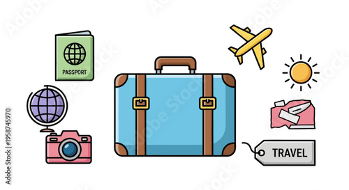 Vintage Travel Suitcase With Travel Icons.