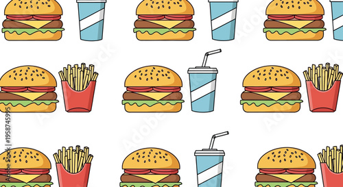 Colorful fast food icons on white.