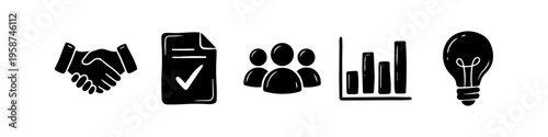 A collection of hand-drawn black business icons featuring a handshake, checked document, team group, bar chart, and light bulb, representing growth, partnership, and innovation.