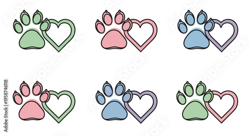 Colorful paw prints and hearts icons.