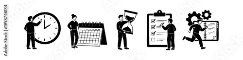 Set of black and white hand-drawn illustrations featuring characters engaged in time management activities like scheduling, meeting deadlines, and tracking tasks.