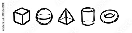 A minimalist hand-drawn collection of 3D geometric shapes: cube, sphere, pyramid, cylinder, and torus. Rough black ink sketch on white background, ideal for math, science, and design concepts.