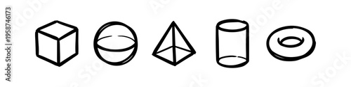Hand-drawn set of five basic 3D geometric shapes: cube, sphere, pyramid, cylinder, and torus. Simple black line art doodle illustration on a white background for educational design.