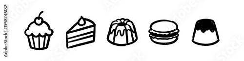 Set of hand-drawn dessert icons including cupcake, cake slice, bundt cake, macaron, and pudding. Black and white minimalist doodle style for bakery and food branding.