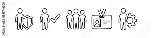 Hand-drawn business icon set for human resources, including team, security, verification, and management symbols. Minimalist black line art doodles for corporate personnel and hiring concepts.