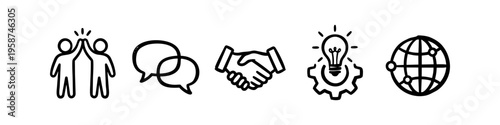 Hand-drawn doodle icons for business: teamwork high-five, speech bubbles, handshake agreement, lightbulb gear innovation, and global network globe. Minimalist black line art vector set.