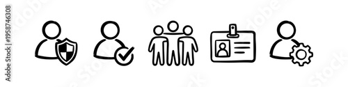 Set of hand-drawn user and account management icons featuring security, verification, team, identity, and settings. Minimalist black line art doodle icons for web, app, and interface design.