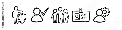 Hand-drawn business and HR icon set featuring symbols for security, verification, teamwork, ID card, and management. Minimalist black doodle style vector illustration for corporate presentations.