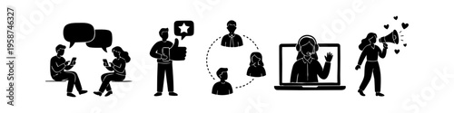 A set of hand-drawn black silhouette icons depicting communication, customer feedback, team networking, online support, and social media marketing concepts on a white background.