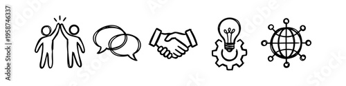 Set of hand-drawn business icons featuring teamwork, communication, agreement, innovation, and global networking. Perfect for corporate presentations and creative projects.