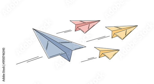 Colorful paper airplanes in flight.