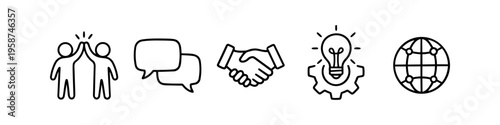 Set of business icons featuring teamwork high-five, speech bubbles for chat, handshake for partnership, light bulb gear for ideas, and a global network globe. Simple black line art style.