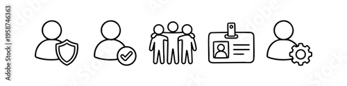 Set of vector line icons for human resources, user profile management, security protection, teamwork, and identification. Minimalist black stroke symbols on a white background.