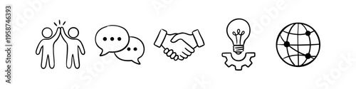 Set of hand-drawn business icons featuring teamwork, communication, handshake, innovation, and global network, ideal for corporate and startup concepts in a minimalist doodle style.