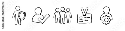 Set of hand-drawn human resources and user management icons including security, verification, team, identity card, and account settings. Minimalist black outline doodle style.