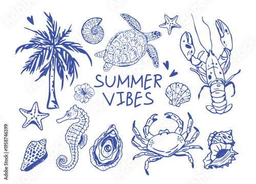 Hand-drawn Mediterranean summer set in dolce vita style. Sea animals and coastal elements with turtle, seahorse, crab, lobster, shells and palm. Summer vibes doodle outline sketch. Marine vector 