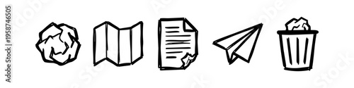 Hand-drawn minimalist icons featuring crumpled paper, a folded sheet, a document, a paper plane, and a trash bin. Black and white doodle set isolated on a white background for creative designs.