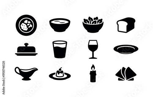 Collection of black and white icons representing various meal and dining elements