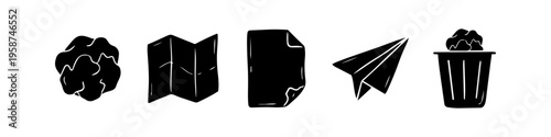 Collection of black hand-drawn paper icons including a crumpled ball, folded map, document sheet, paper plane, and trash bin. Minimalist vector set for waste management and creative office concepts.
