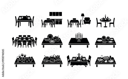 Collection of dining table setups and meal service icons