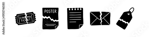 Set of black hand-drawn silhouette icons featuring a torn cinema ticket, poster, notebook page, envelope, and price tag on a white background. Ideal for design elements and scrapbooking.