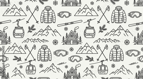 Seamless Winter Ski Resort Line Art Pattern with Black Icons on Light Beige Background