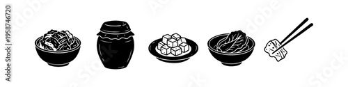 Minimalist black and white icons of traditional Korean kimchi, including a fermentation jar, radish kimchi, cabbage kimchi, and chopsticks. Flat vector illustration of healthy fermented food.