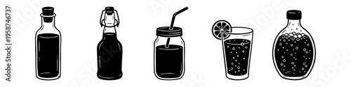 Minimalist set of black and white beverage icons including glass bottles, a mason jar with a straw, and a cocktail glass with a lemon slice garnish, isolated on a white background.