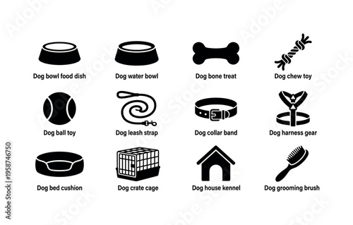 Collection of essential dog care accessories and pet supplies icons