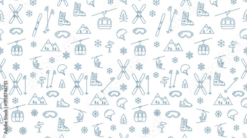 Assorted Winter Ski Gear and Mountain Elements Seamless Pattern in Light Blue Studio Background.