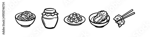 Set of hand-drawn Korean kimchi icons including cabbage kimchi, radish kimchi, onggi jar, and chopsticks. Minimalist black and white doodle illustrations of traditional fermented side dishes.