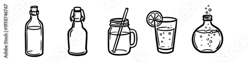 Set of five hand-drawn beverage container icons in black and white line art, featuring bottles, a mason jar with a straw, a glass of lemonade, and a bubbling flask on a white background.