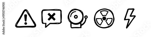 Hand-drawn set of warning and alert icons: triangle exclamation, error bubble, alarm bell, radiation sign, and lightning bolt. Minimalist black doodle style on white background for safety concepts.
