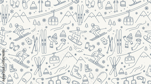 Light Colored Winter Sport Activity Line Icons Seamless Pattern in bright studio background.