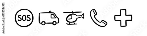 Hand-drawn black and white icons for emergency services, including SOS, ambulance, helicopter, telephone, and medical cross, in a minimalist doodle style on a white background.