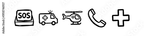 Hand-drawn doodle set of emergency and rescue icons: SOS signal, ambulance, helicopter, telephone, and medical cross. Minimalist line art for first aid, rescue, and medical assistance concepts.