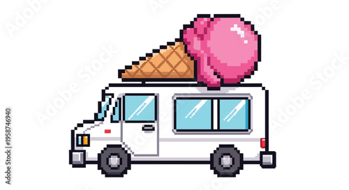 Pixel Art Ice Cream Truck with Pink Scoop.