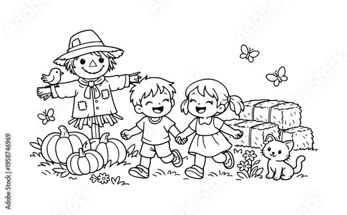 Field Adventure Fun. Children exploring a sunny meadow with a curious fox cub, smiling and pointing, flowers, butterflies, and a