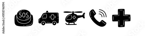 Set of black hand-drawn emergency and medical service icons including SOS button, ambulance, helicopter, phone call, and medical cross on white background.