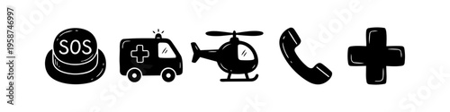 Vector set of hand-drawn emergency medical icons including an SOS button, ambulance, rescue helicopter, telephone, and medical cross in a black and white doodle style.