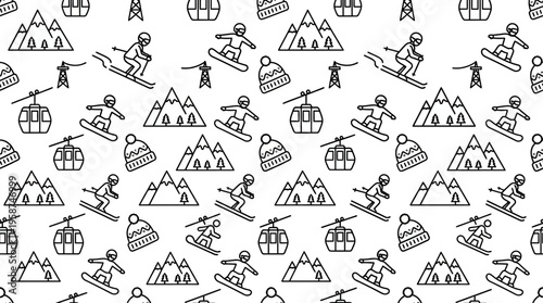 Dynamic Winter Ski and Snowboard Seamless Pattern with Line Icons, isolated white background.