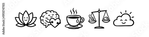 Minimalist line art icons for mental health and wellness featuring a smiling lotus, brain hugging a heart, steaming tea, scales of balance, and a happy sun cloud on a white background.
