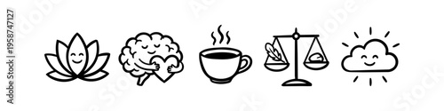 Set of black and white hand-drawn doodle icons for mental health, wellness, and self-care, featuring a happy lotus, brain hugging a heart, coffee cup, balance scales, and a smiling sun cloud.