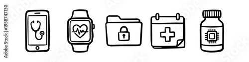 Hand-drawn digital health icons set featuring telemedicine smartphone, smartwatch tracker, secure medical records folder, appointment calendar, and smart medicine bottle doodle line art.