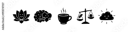 Set of cute black icons for mindfulness and mental health, featuring a smiling lotus, brain hugging heart, steaming cup, balance scale, and happy cloud. Minimalist doodle style on white background.