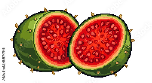 Vibrant Pixel Art Prickly Pear Cactus Fruit Halved.