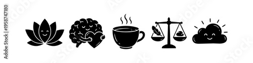Mental health and wellness icons featuring a smiling lotus, brain hugging heart, coffee cup, balance scales, and happy cloud. Minimalist black silhouettes for mindfulness and self-care concepts.