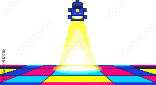Retro Pixel Art Robot Dancing on Colorful Disco Floor.