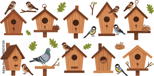 Vintage Hand Sketched Backyard Birdhouse and Wild Bird Vector Set Featuring Sparrows Pigeon Chickadees and Wooden Nesting Boxes for Garden and Nature Graphic Designs